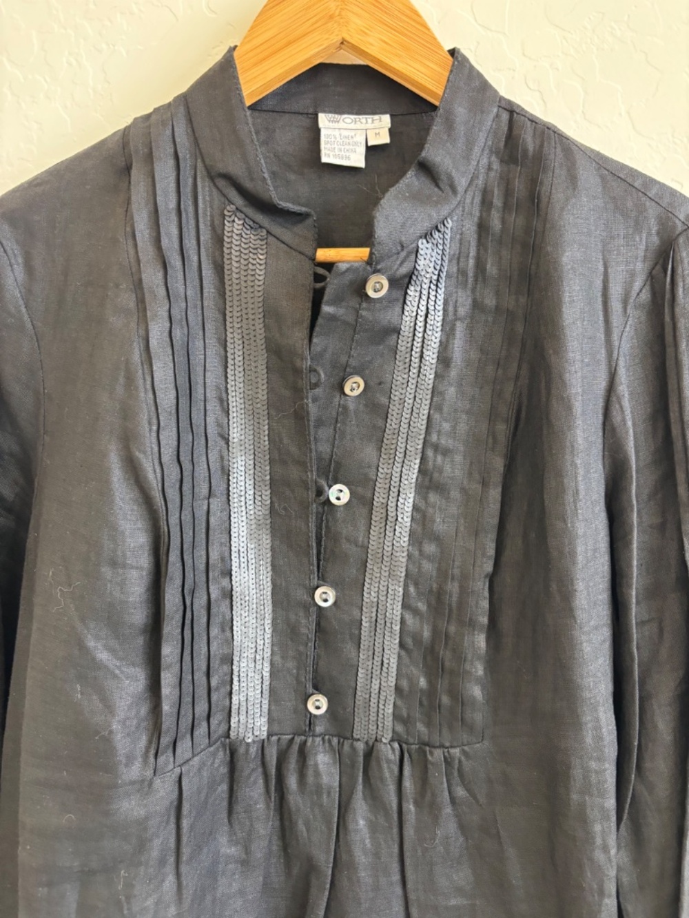 Worth New York 100% Linen Pintuck Bib Front Tunic Blouse - Black , Sz Medium - Picture 7 of 10